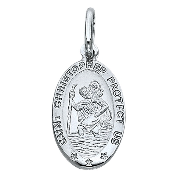 14k White Gold Small Religious Saint Christopher Oval Medal Charm Pendant - Picture 1 of 1